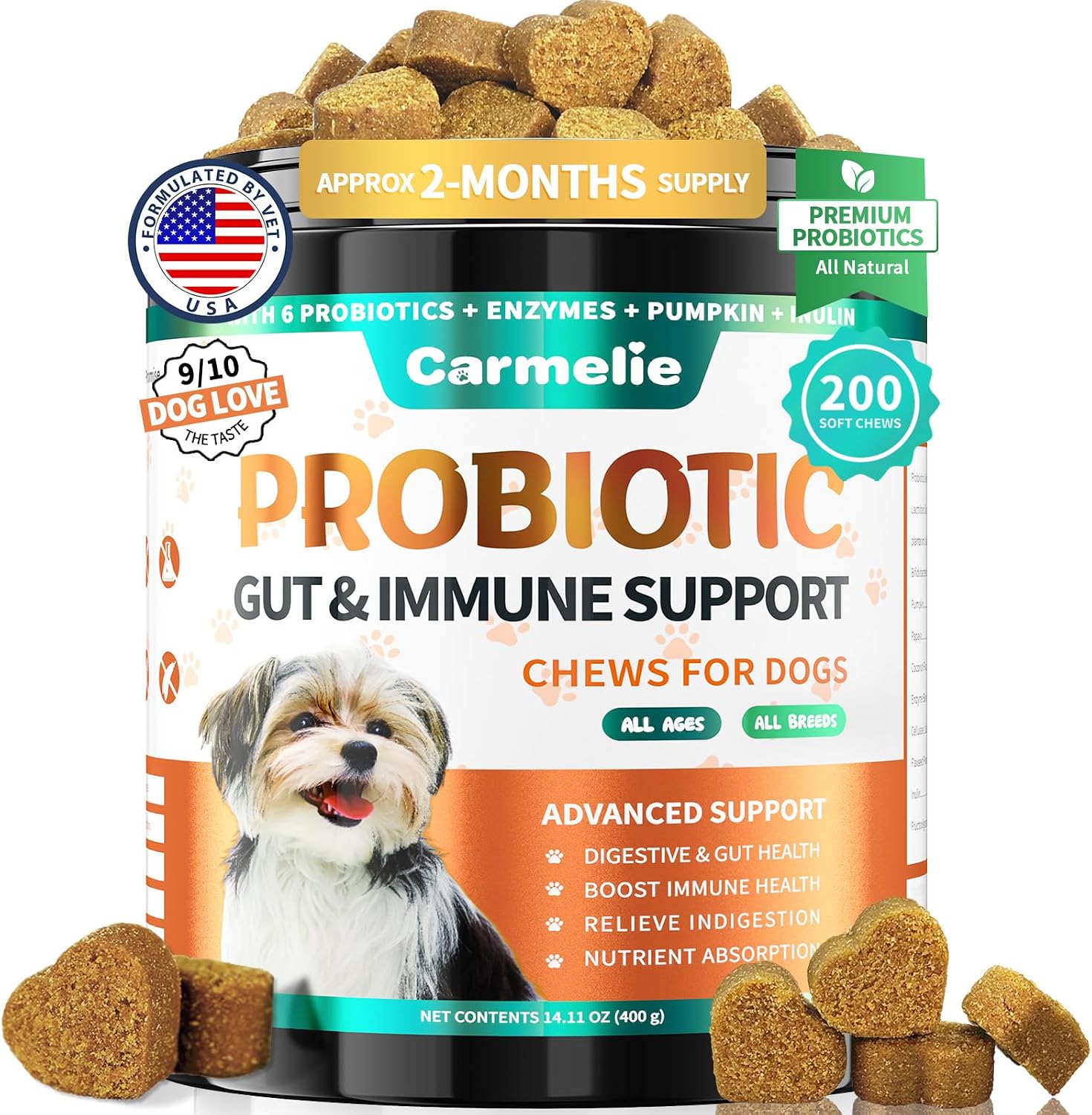 Probióticos para Perros Carmelie - Masticables con Enzimas Digestivas y Prebióticos (Pollo, 200 uds)