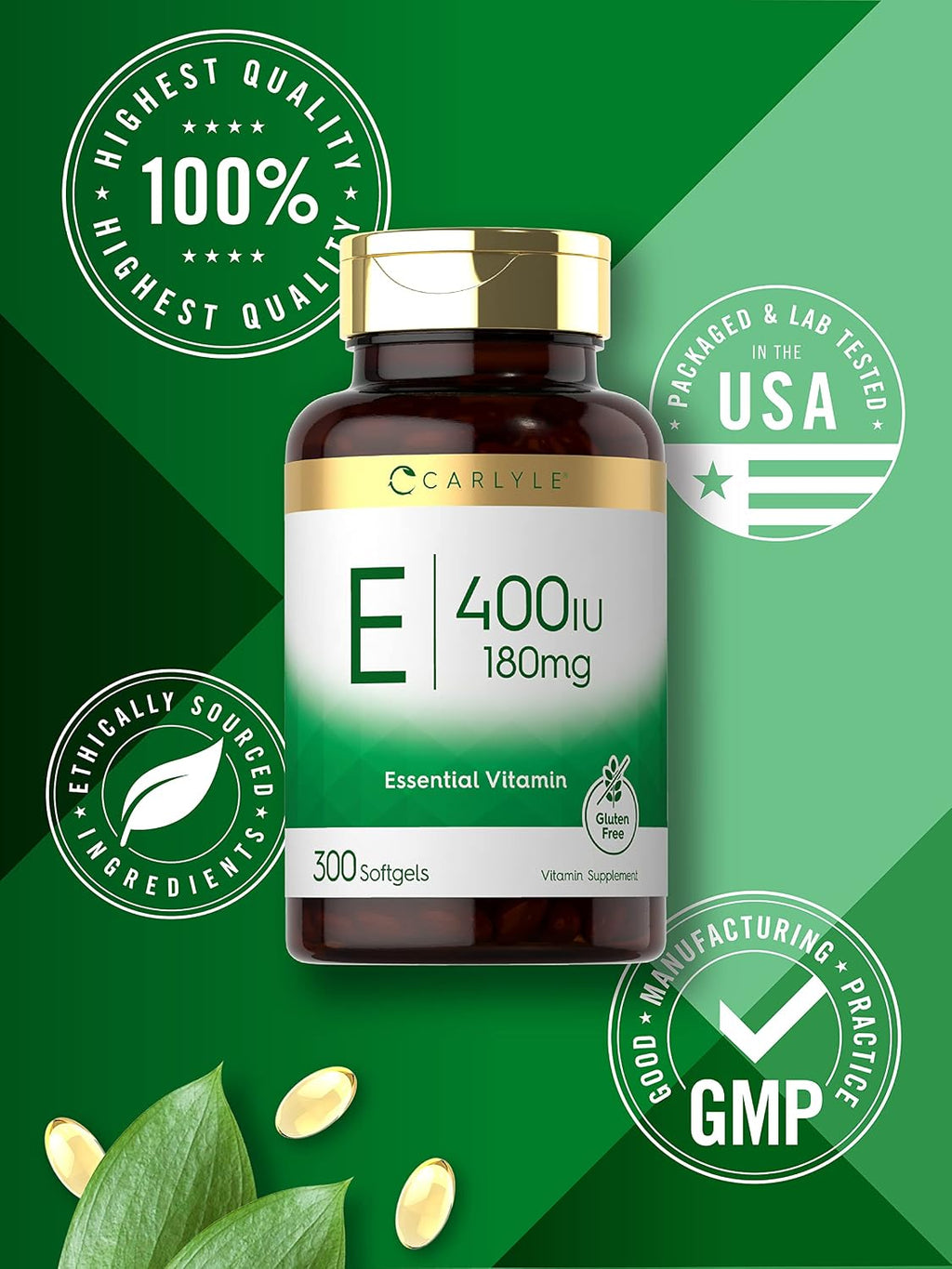 Carlyle Vitamina E 400 UI Cápsulas Blandas (180mg) | 300 Cápsulas | Suplemento No Transgénico y Sin Gluten