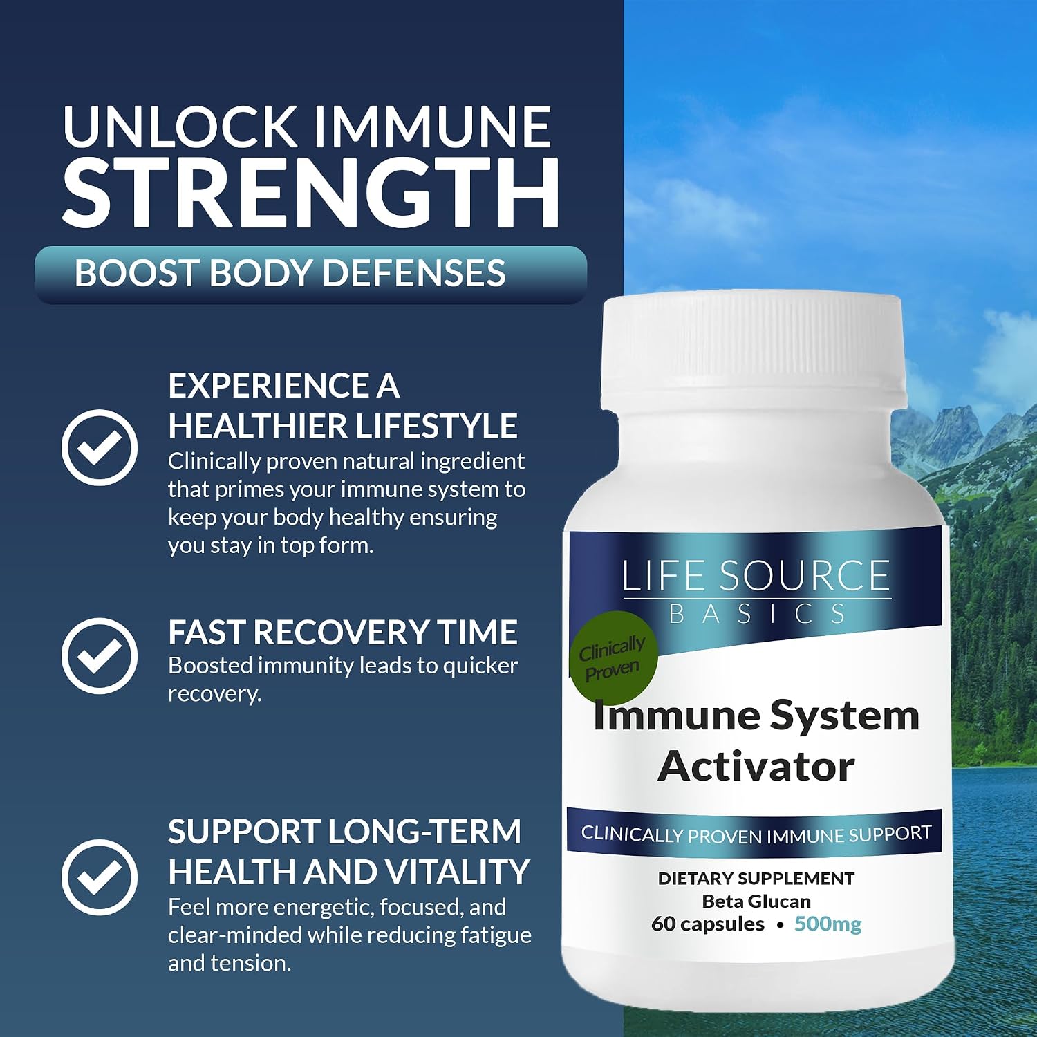 Life Source Basics Activador del Sistema Inmunitario – Beta 1,3/1,6 Glucano 500 mg – 60 Cápsulas