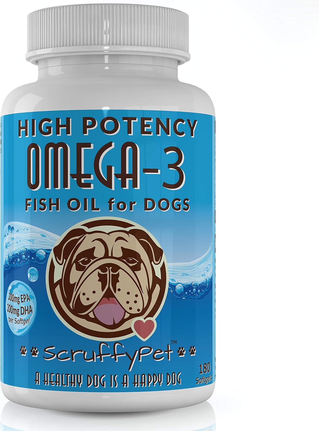 ScruffyPet Aceite de Pescado Salvaje Omega 3 Puro para Perros con Vitamina E - 180 Cápsulas