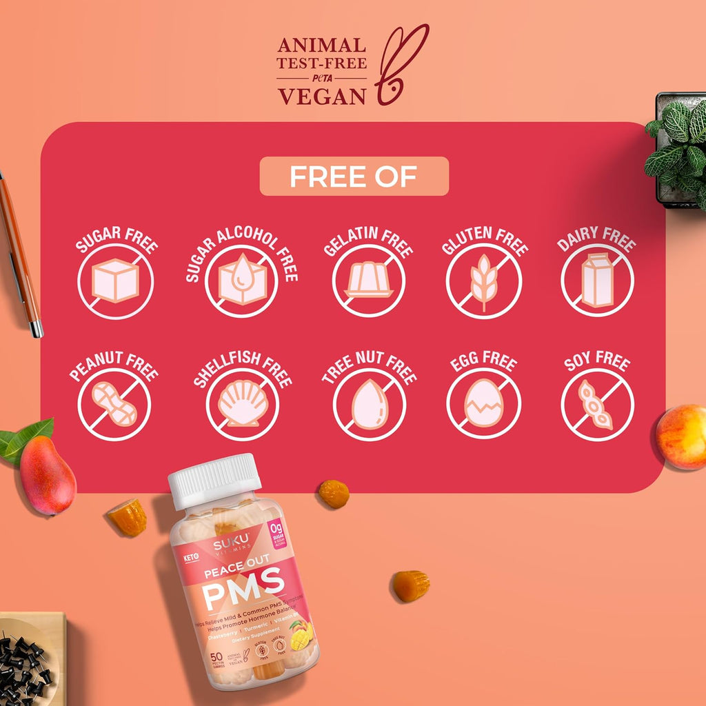 SUKU Vitamins - Gomitas para el síndrome premenstrual con Vitex (Sauco casto) - Sabor melocotón y mango - 50 gomitas