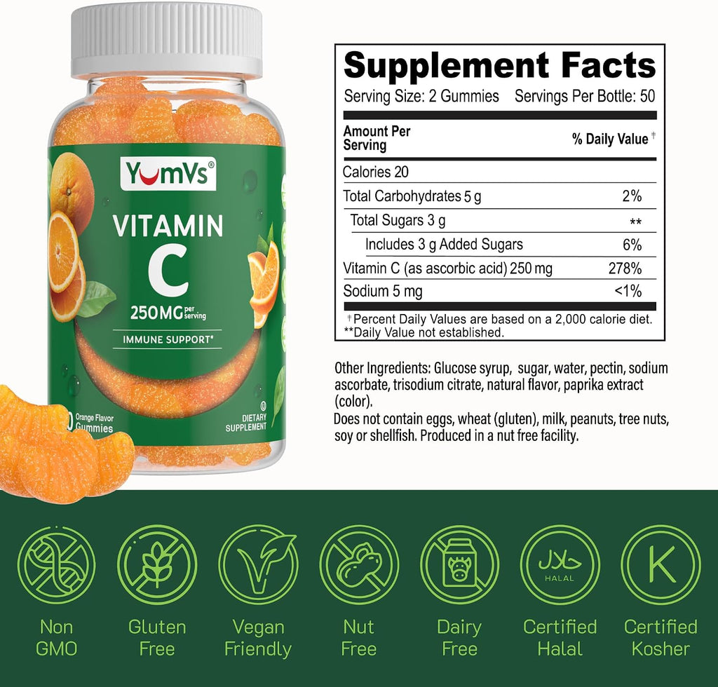 YUM-V'S Gominolas de Vitamina C para Adultos - 250 mg - Sabor Naranja - 100 Gominolas