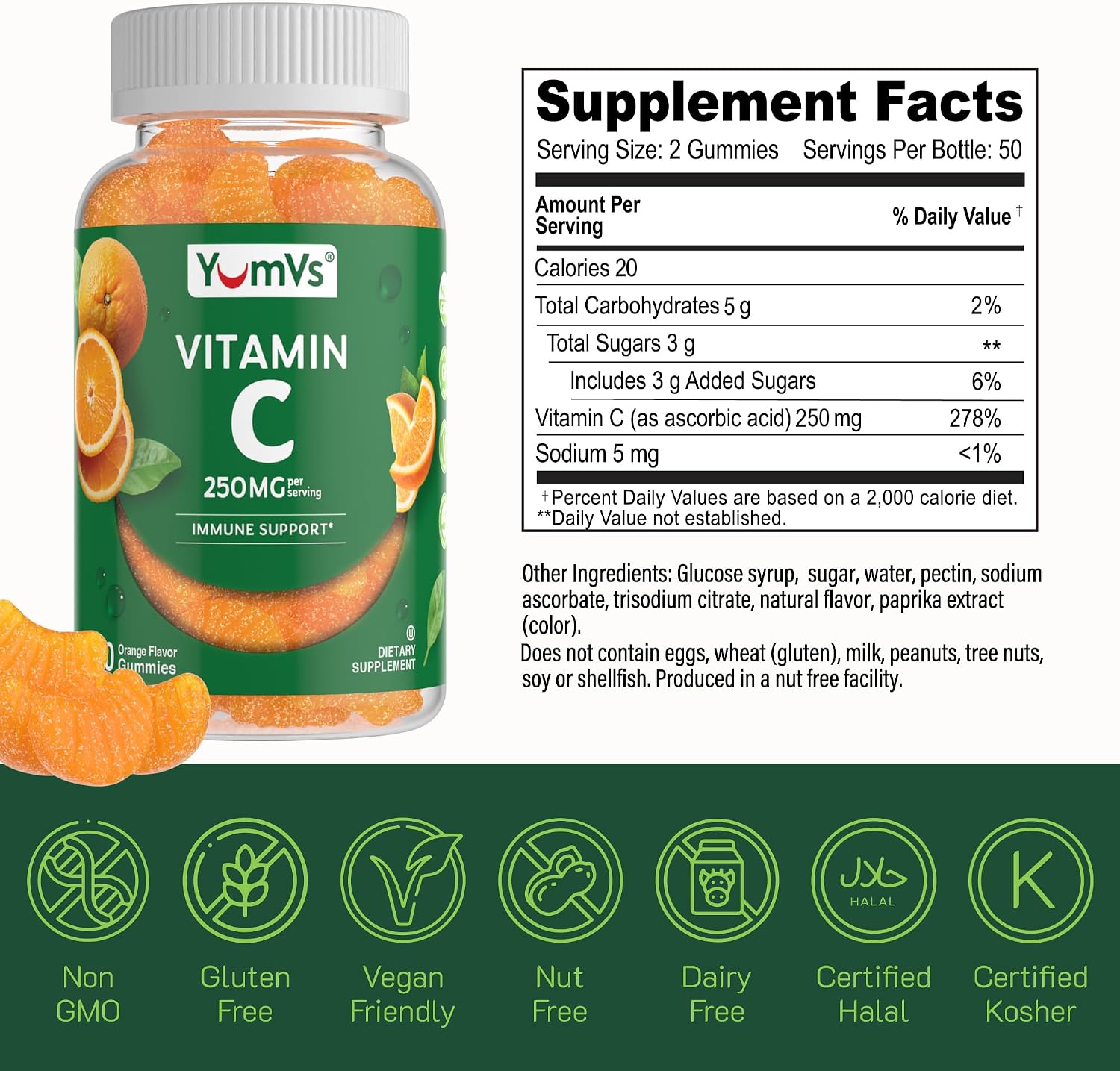 YumVs Gominolas de Vitamina C para Adultos - 250 mg con Sabor a Naranja - 200 Gominolas (2 Envases)