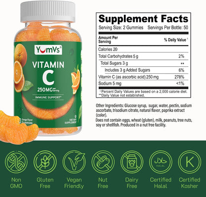 YumVs Gominolas de Vitamina C para Adultos - 250 mg con Sabor a Naranja - 200 Gominolas (2 Envases) – Image 6