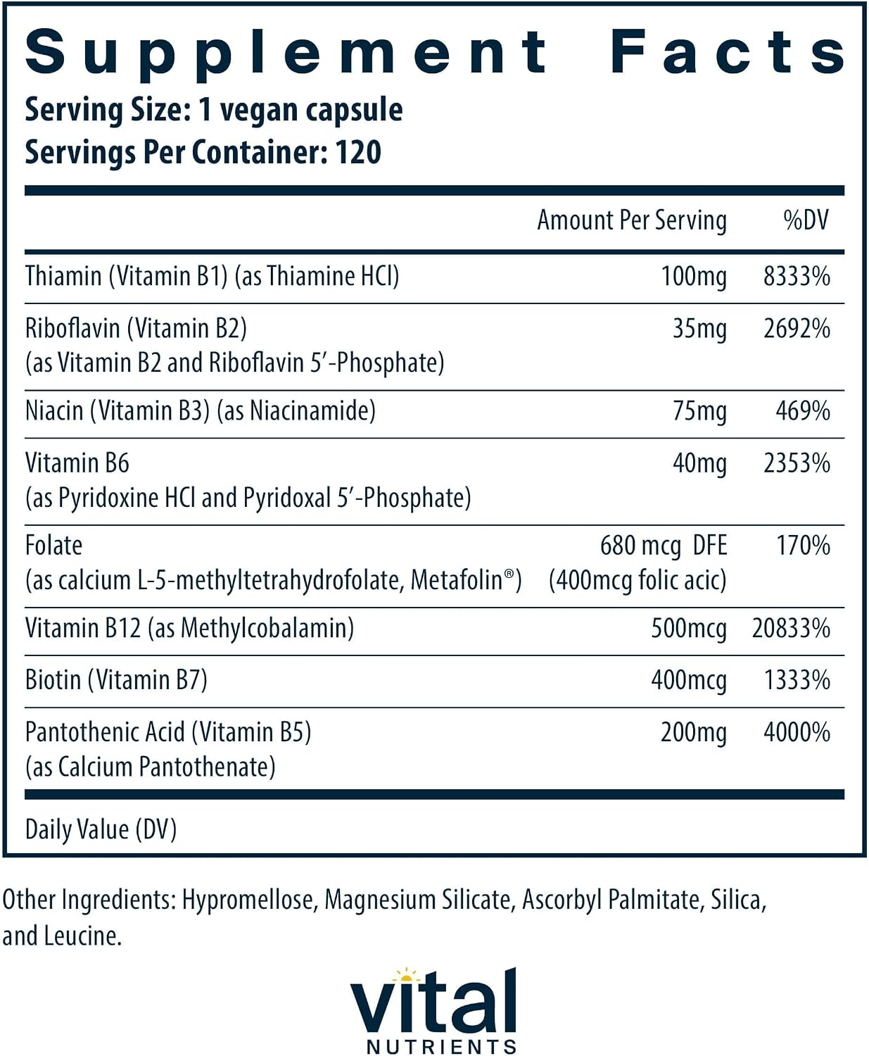Vital Nutrients B Complex - High Potency Methylated B Vitamins - Vegan - 120 Capsules