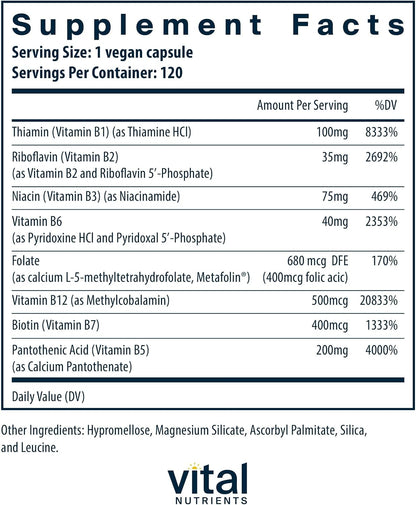 Vital Nutrients Complejo B - Vitaminas B de Alta Potencia Metiladas - Vegano - 120 Cápsulas – Image 2