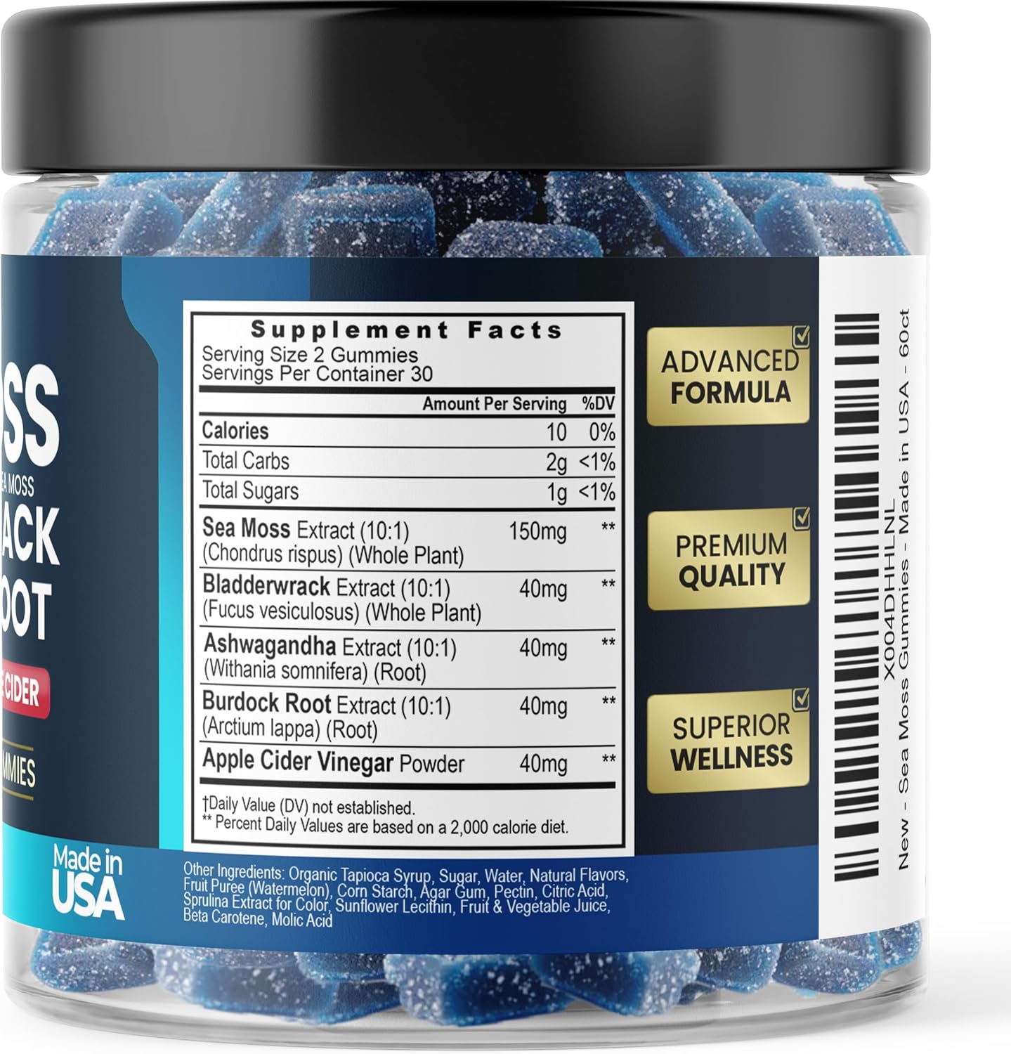 Vitamax Gominolas de Irish Sea Moss - Suplemento Multimineral con Bladderwrack, Ashwagandha, Raíz de Bardana y Vinagre de Manzana - Vegano y No GMO - 60 Gominolas