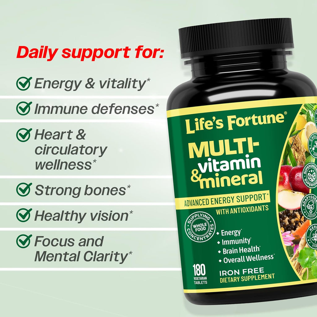 Life's Fortune Multivitamínico Completo de Alimentos Integrales para Hombres y Mujeres - Apoyo Energético, Inmunidad y Metabolismo - Sin Hierro, 180 Comprimidos Vegetarianos