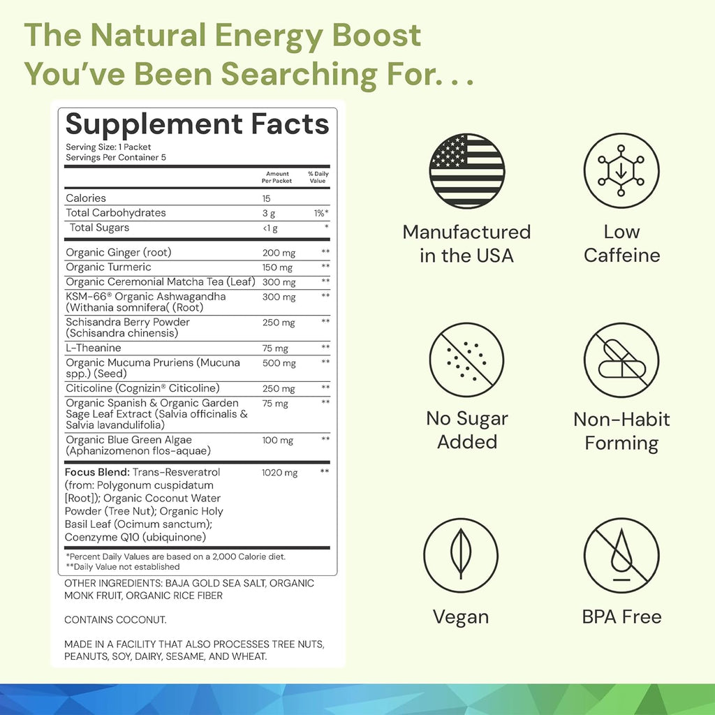 ION* Focused Mind Mezcla en Polvo Nootrópica - Bebida con Matcha para Memoria, Concentración y Relajación - 5 Sobres