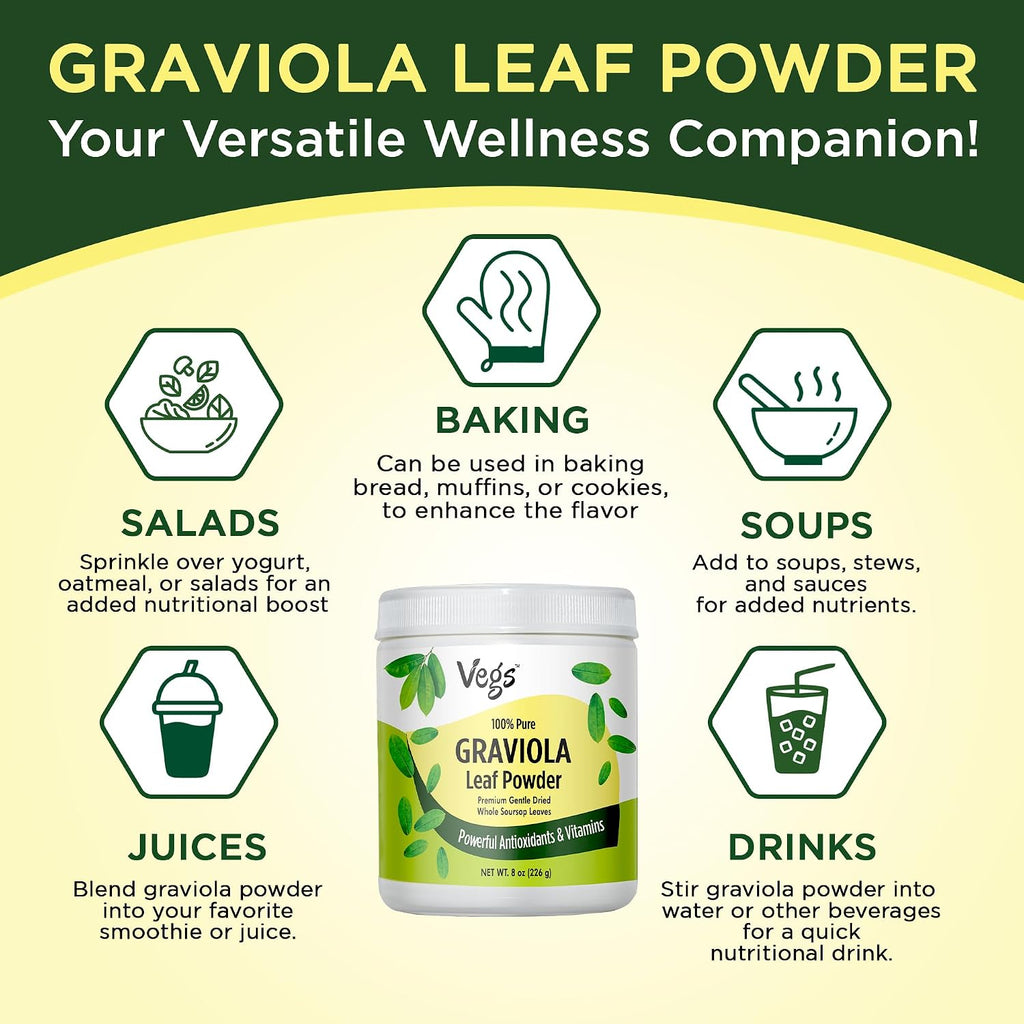 Vegs Graviola Soursop Leaf Powder - Polvo de Hojas de Graviola Orgánico, 8 oz (227 g)