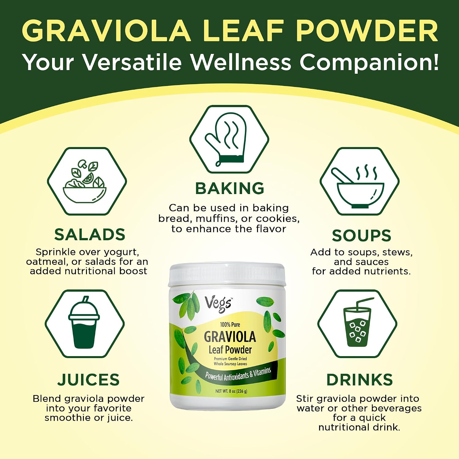 Vegs Graviola Soursop Leaf Powder - Polvo de Hojas de Graviola Orgánico, 8 oz (227 g)