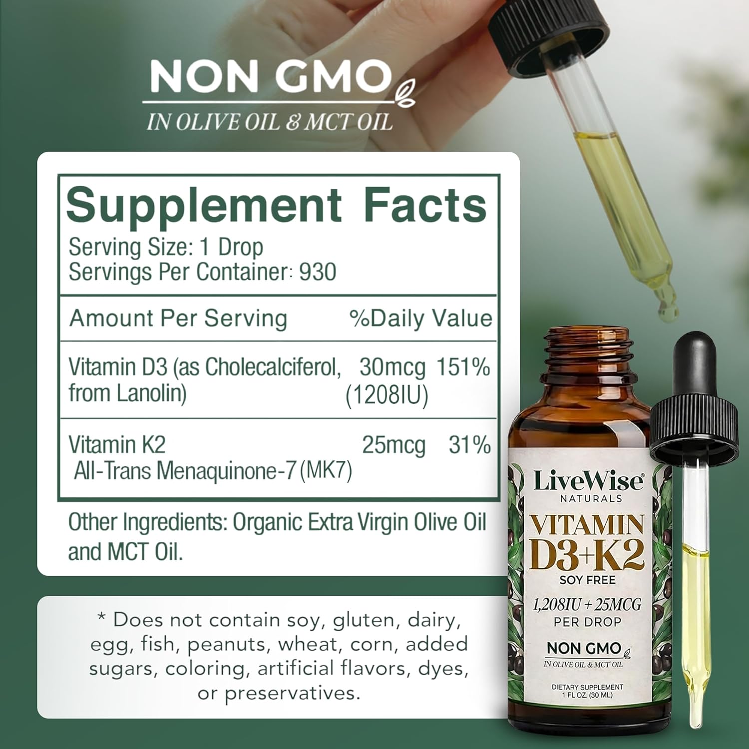 Live Wise Naturals Vitamina D3 K2 Gotas para Adultos, Ultra Concentradas | 930 Gotas, 1208 UI Vitamina D3, 25 mcg (MK-7)