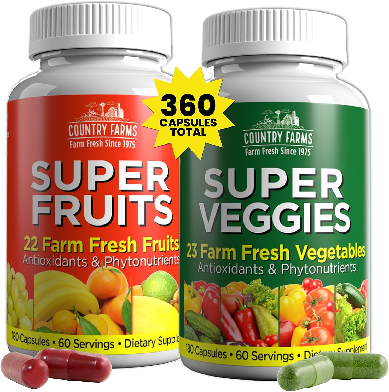Country Farms Suplemento de Frutas y Verduras, 180 Cápsulas de Fruta y 180 de Verdura, Superalimentos Verdes y Rojos, Antioxidantes, 60 Dosis