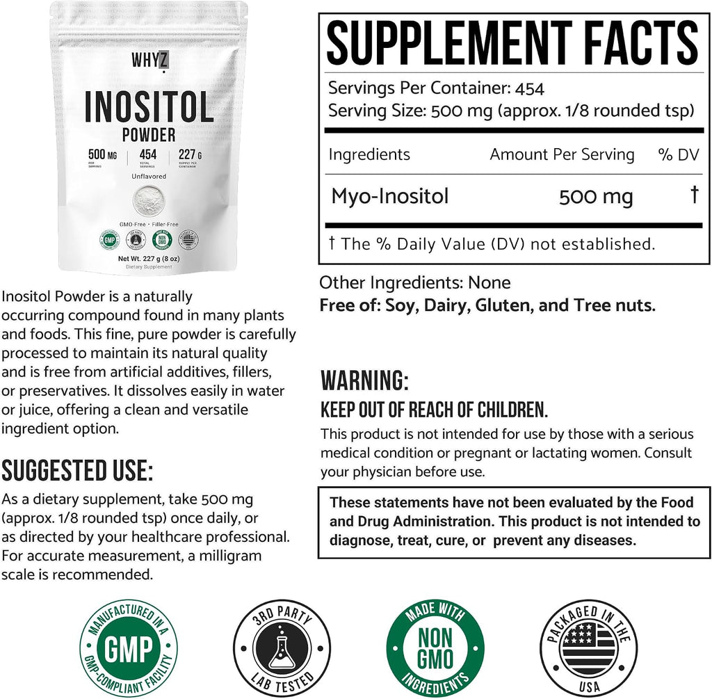 Inositol Powder 8oz, Natural Inositol Supplement for Ovarian Support, Fertility and Hormonal Balance, Pure Inositol Powder, Inositol Supplement for Energy, Brain Health, 454 Servings
