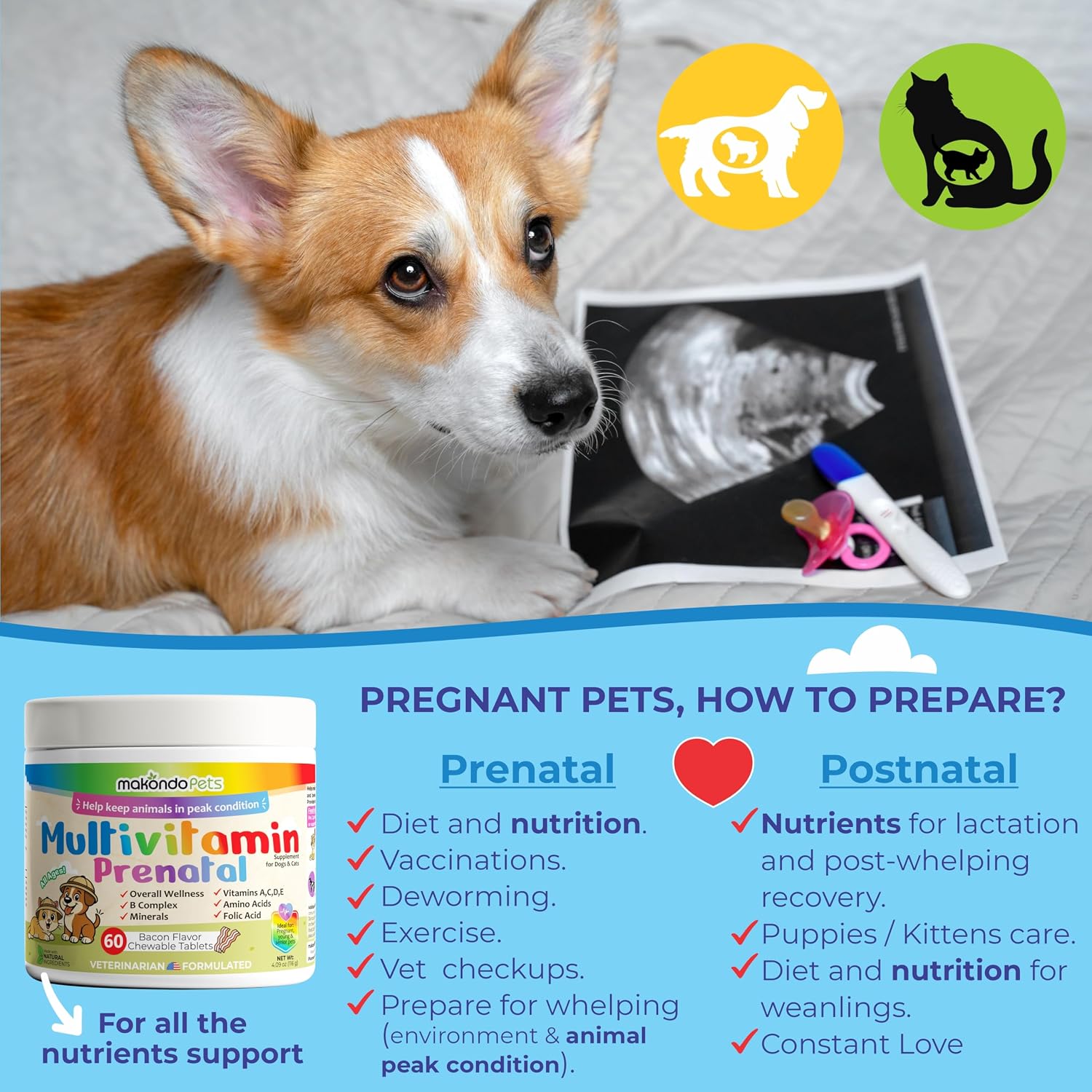 Makondo Pets Vitaminas Prenatales para Perros y Gatos - Suplemento con Ácido Fólico, Calcio y Hierro
