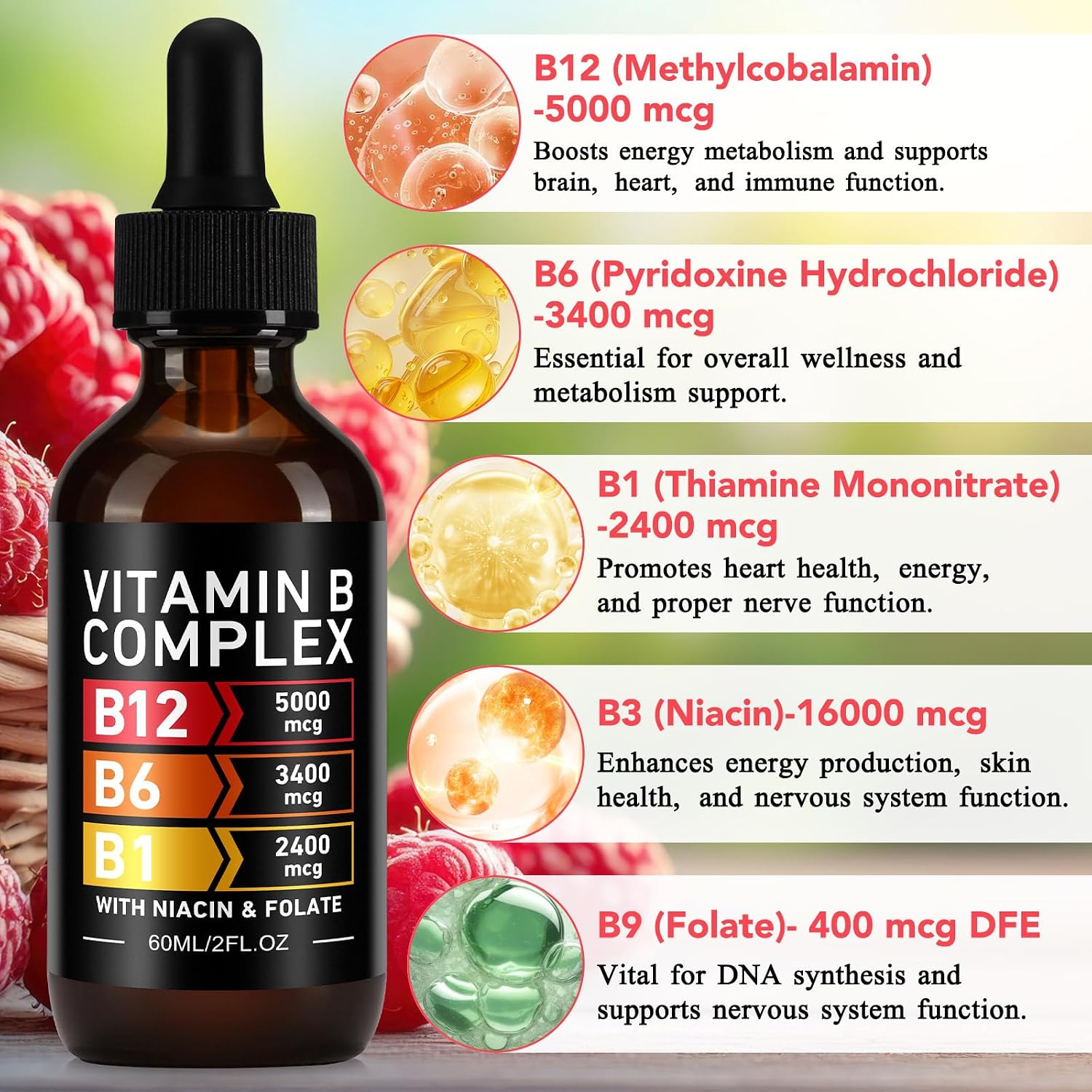 Frovetani Complejo B Orgánico Líquido con Vitaminas B12 Metilcobalamina, B6, B1, B9 - Apoyo Metabólico, Vegano, Sin Gluten