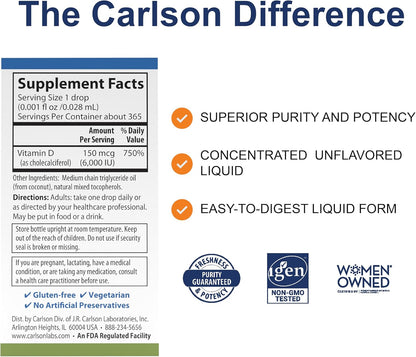 Carlson Super Daily D3 - Vitamina D3 Líquida – El mantenimiento de los niveles normales de calcio en sangre. – Image 2