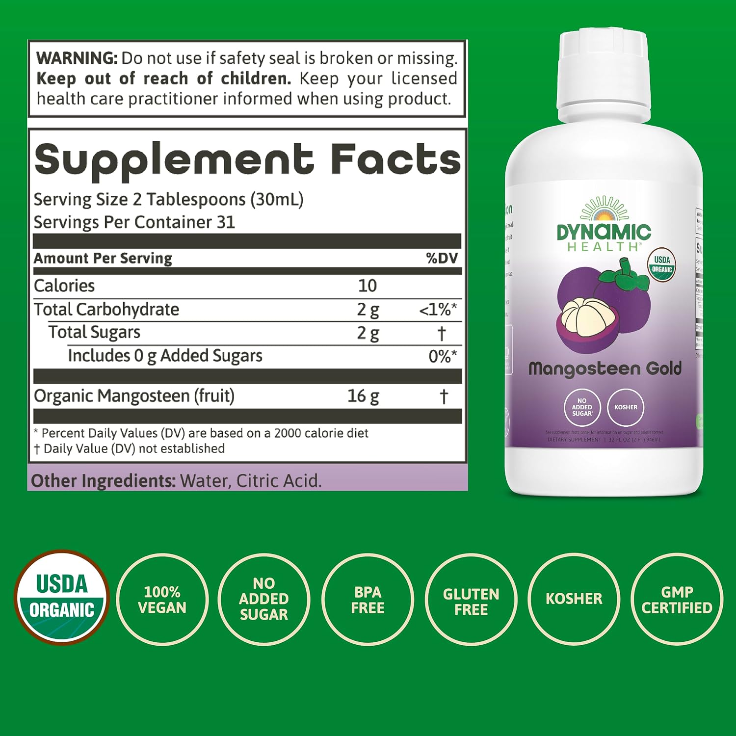 Dynamic Health Mangosteen Gold, Zumo Orgánico 100% de Mangostán, Sin Aditivos, 946 ml (32 oz)