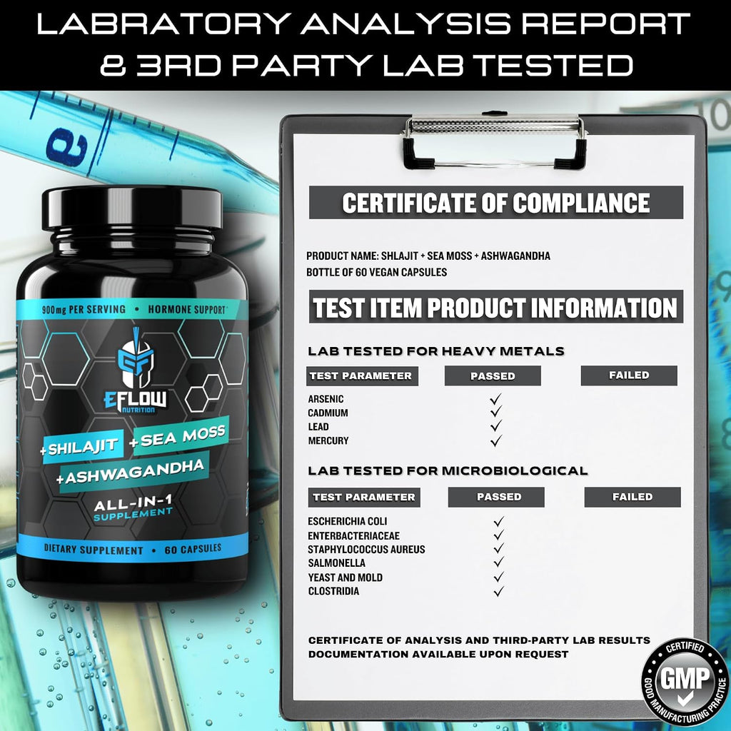 eFlow Nutrition Shilajit Cápsulas, Ashwagandha y Sea Moss - 3 en 1 - 60 Cápsulas