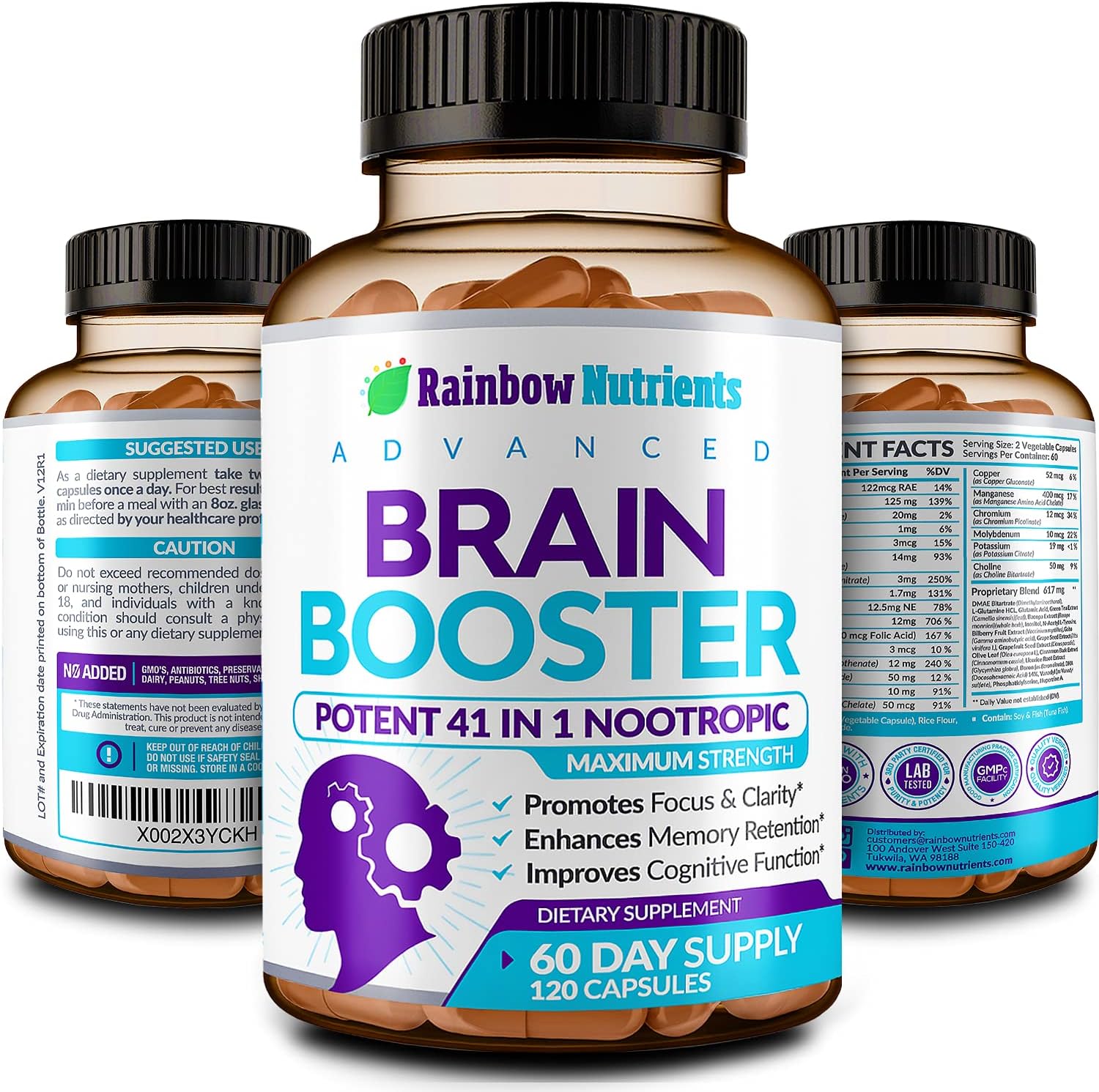 40-en-1 Brain Booster – Complemento Nootrópico para Memoria y Enfoque, 120 Cápsulas