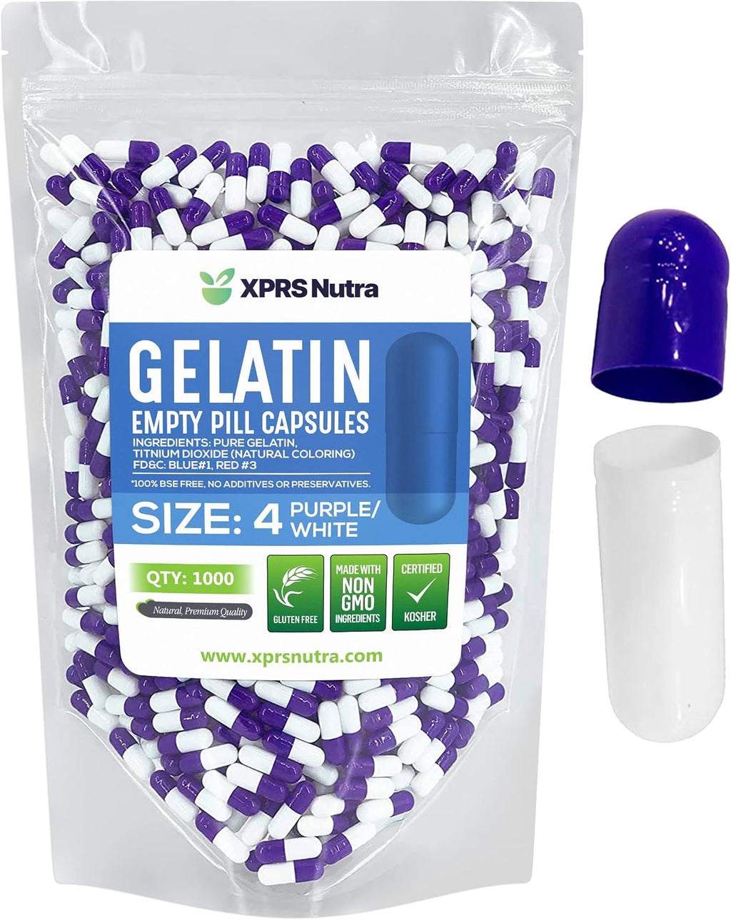 XPRS Nutra Cápsulas Vacías Tamaño 4 - 100 Unidades - Cápsulas de Gelatina Pequeñas para Rellenar (Púrpura/Blanco)