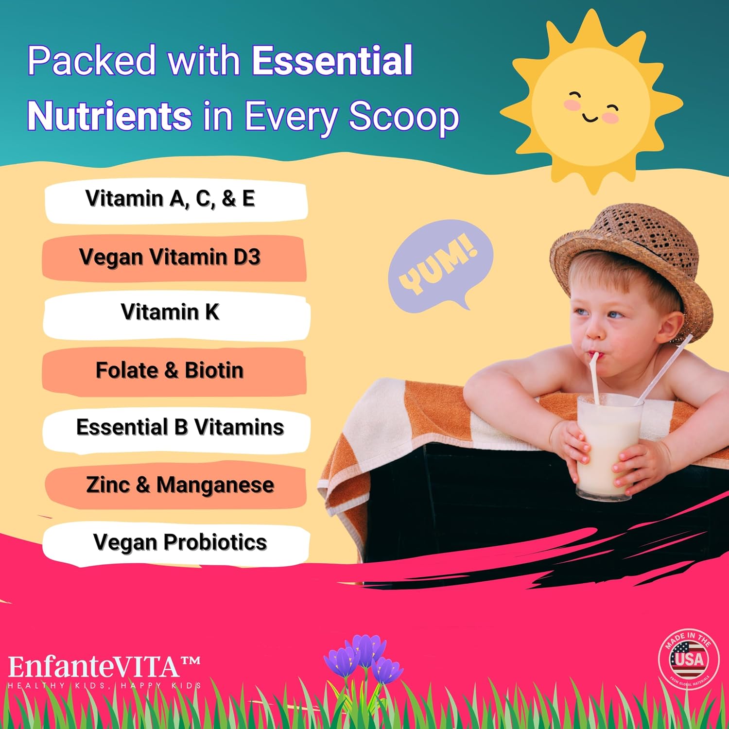 EnfanteVITA All in One Kids Vitamins - Multivitamínico Infantil en Polvo con Probióticos, 90 Días