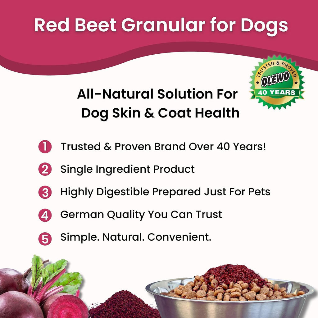 Olewo Remolacha Roja para Perros Granulado – Complemento Alimenticio para Apoyo Interno, Sensibilidad de la Piel y Equilibrio General, Fibra Prebiótica y Nutrientes de Alimentos Integrales, 623 g