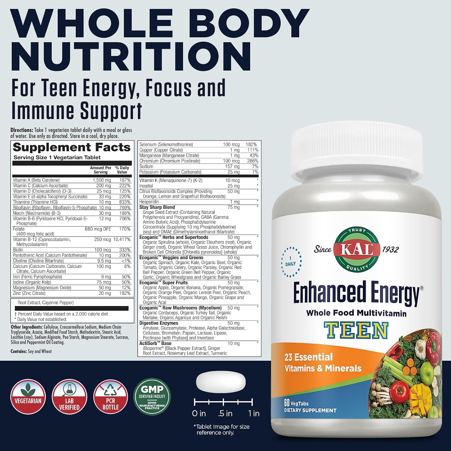 KAL Teens Multivitamínico Diario con Hierro - 60 Comprimidos