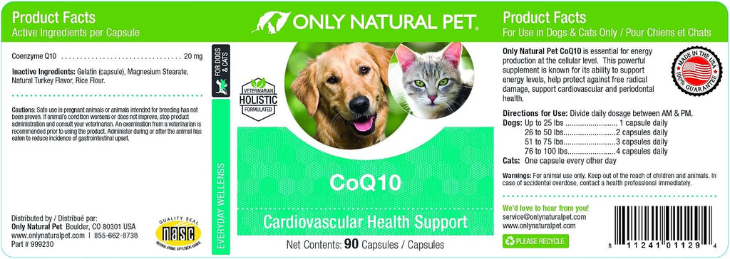 Only Natural Pet Cápsulas de CoQ10 para Perros y Gatos – Suplemento de Coenzima Q10 Ubiquinona – Ayuda a Mantener la Vitalidad, Energía y Bienestar General – 90 Cápsulas
