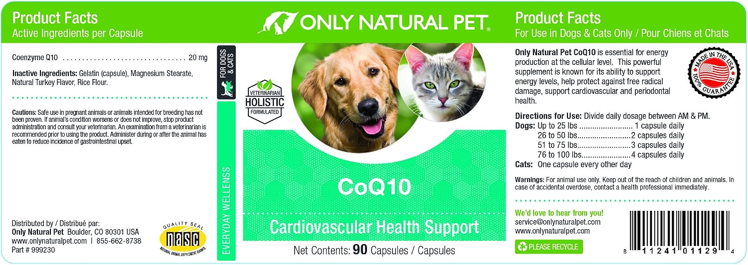 Only Natural Pet Cápsulas de CoQ10 para Perros y Gatos – Suplemento de Coenzima Q10 Ubiquinona – Ayuda a Mantener la Vitalidad, Energía y Bienestar General – 90 Cápsulas