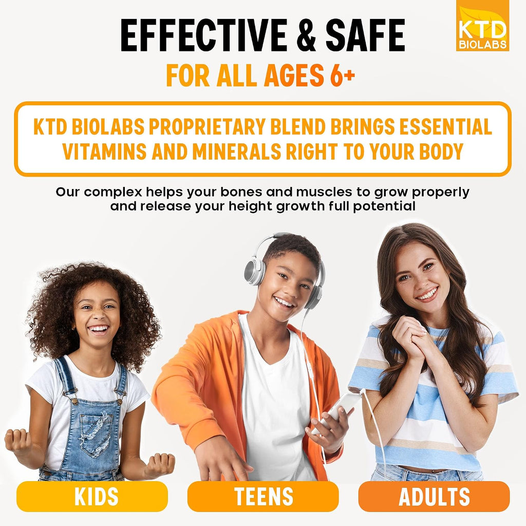 KTD BIOLABS Kids Height Growth Support Capsules – Fórmula de Desarrollo con Calcio, Vitamina D3 y Zinc – Apoyo Óseo y Nutricional para Niños y Adolescentes – Mezcla de Aminoácidos – 120 Cápsulas