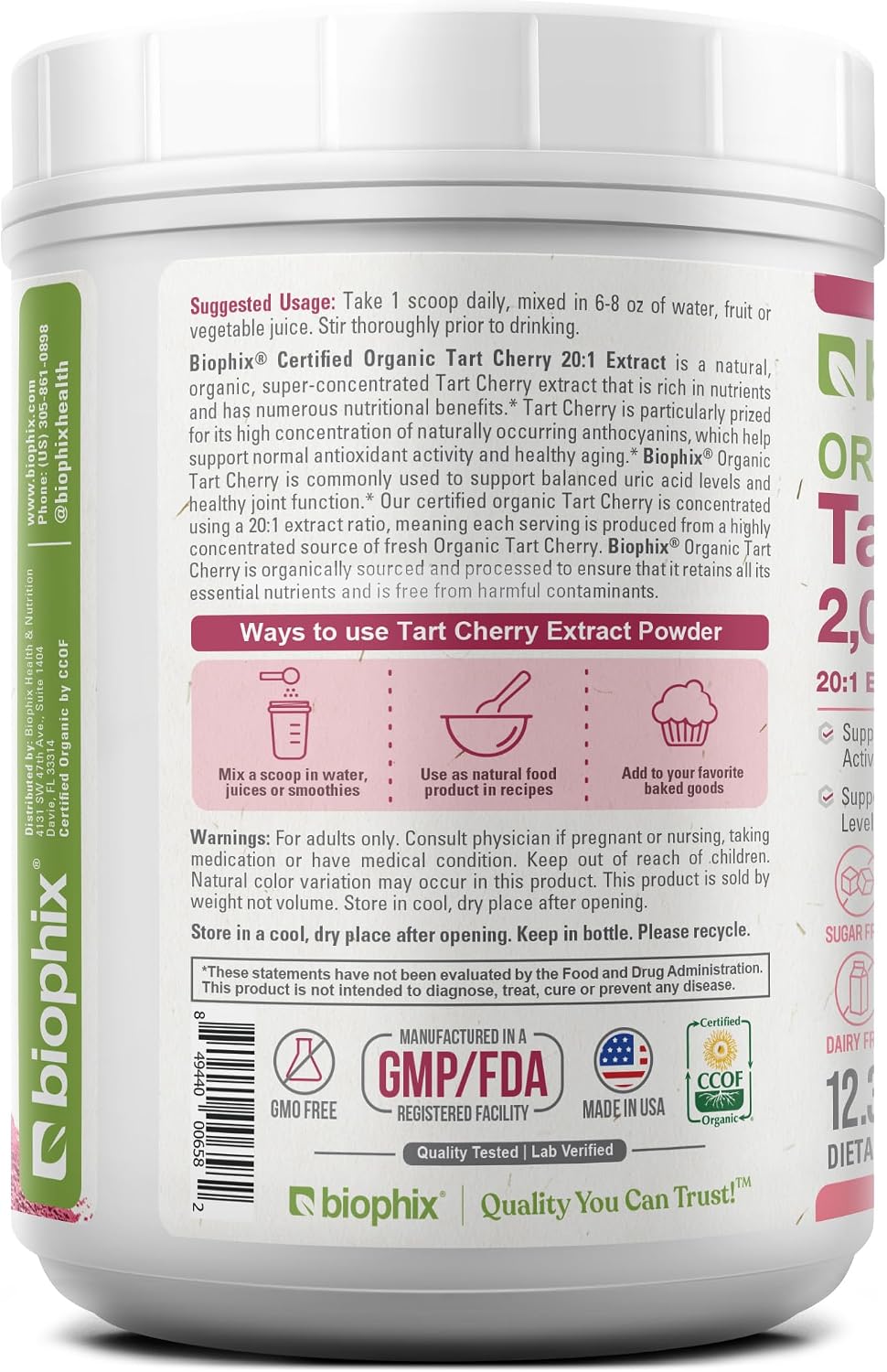 biophix Polvo de Cereza Ácida Orgánica Extracto 20:1 - 350 g (12.3 oz) - Superalimento Natural - Sin Azúcar Añadido - Vegano