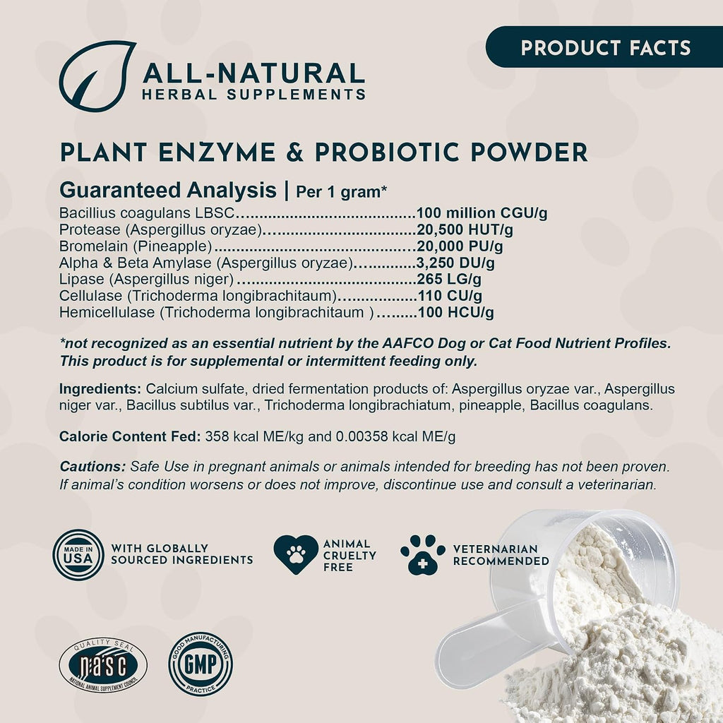 Animal Essentials Plant Enzyme & Probiotics - Probióticos y Enzimas Digestivas para Perros y Gatos - 99 g (3.5 oz)