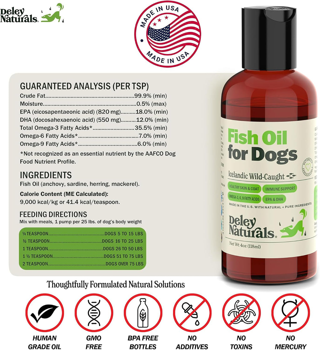 Deley Naturals Aceite de Pescado para Perros - Omega 3 6 9 para Piel, Articulaciones y Salud Cerebral - 118 ml