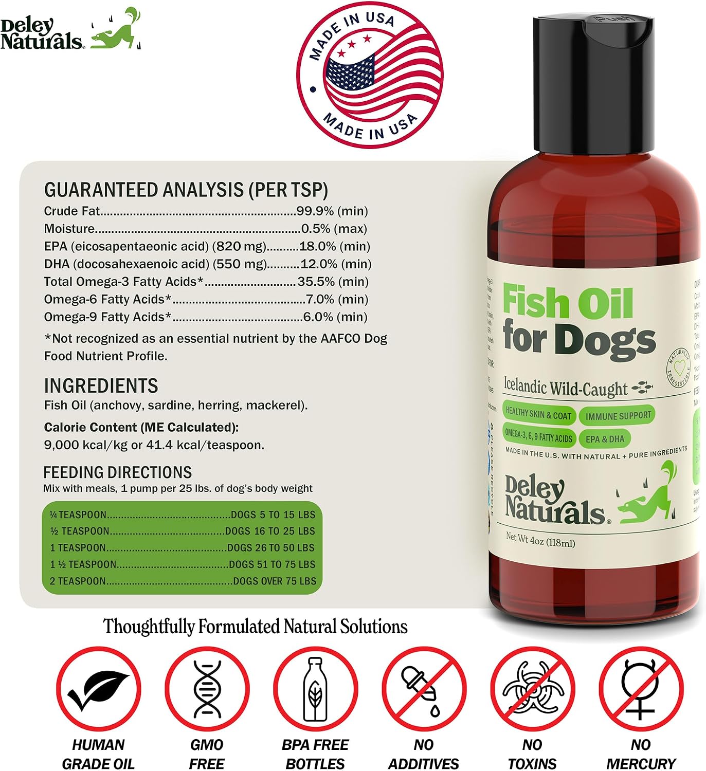 Deley Naturals Aceite de Pescado para Perros - Omega 3 6 9 para Piel, Articulaciones y Salud Cerebral - 118 ml