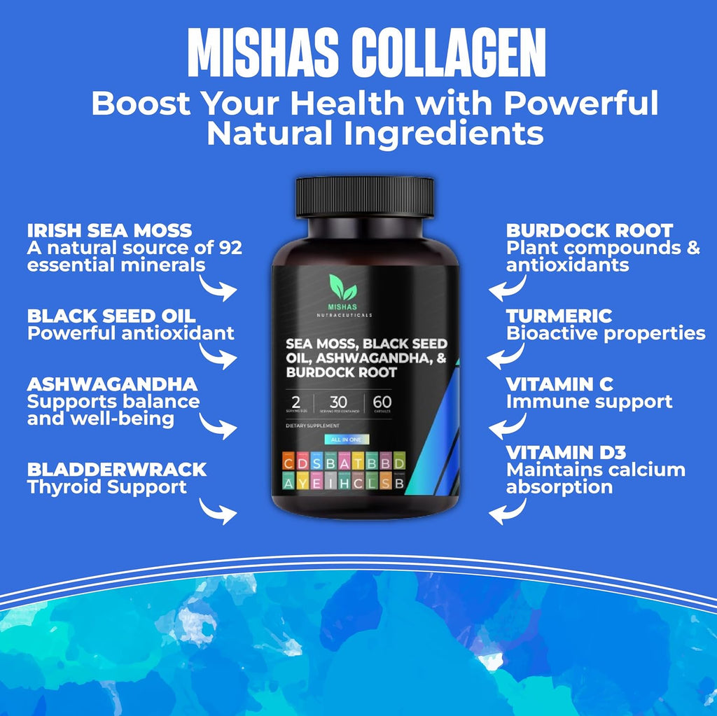 Mishas Nutraceuticals Sea Moss Blend 15 en 1 - Cápsulas de Musgo Marino y Hierbas