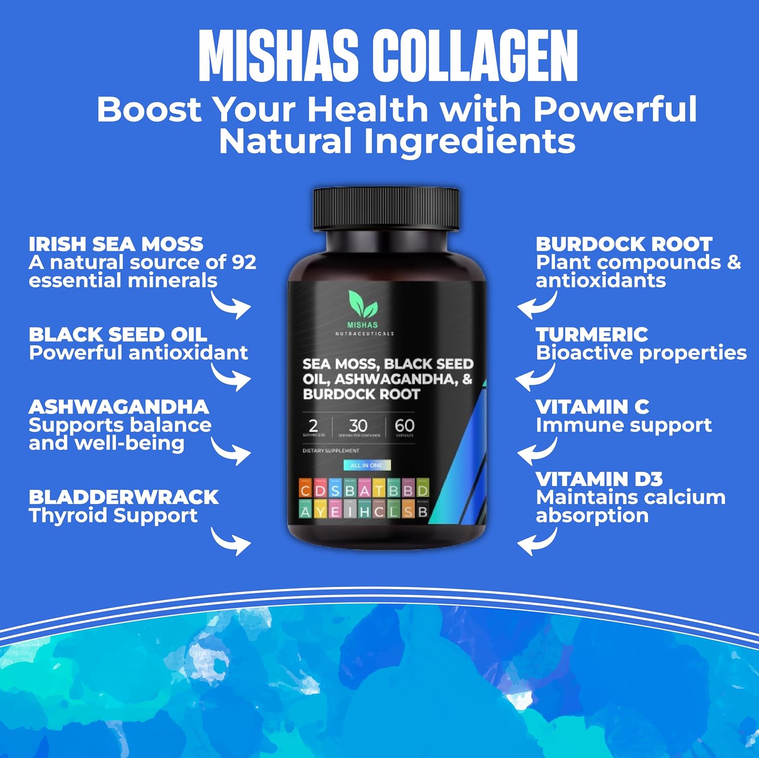 Mishas Nutraceuticals Sea Moss Blend 15 en 1 - Cápsulas de Musgo Marino y Hierbas