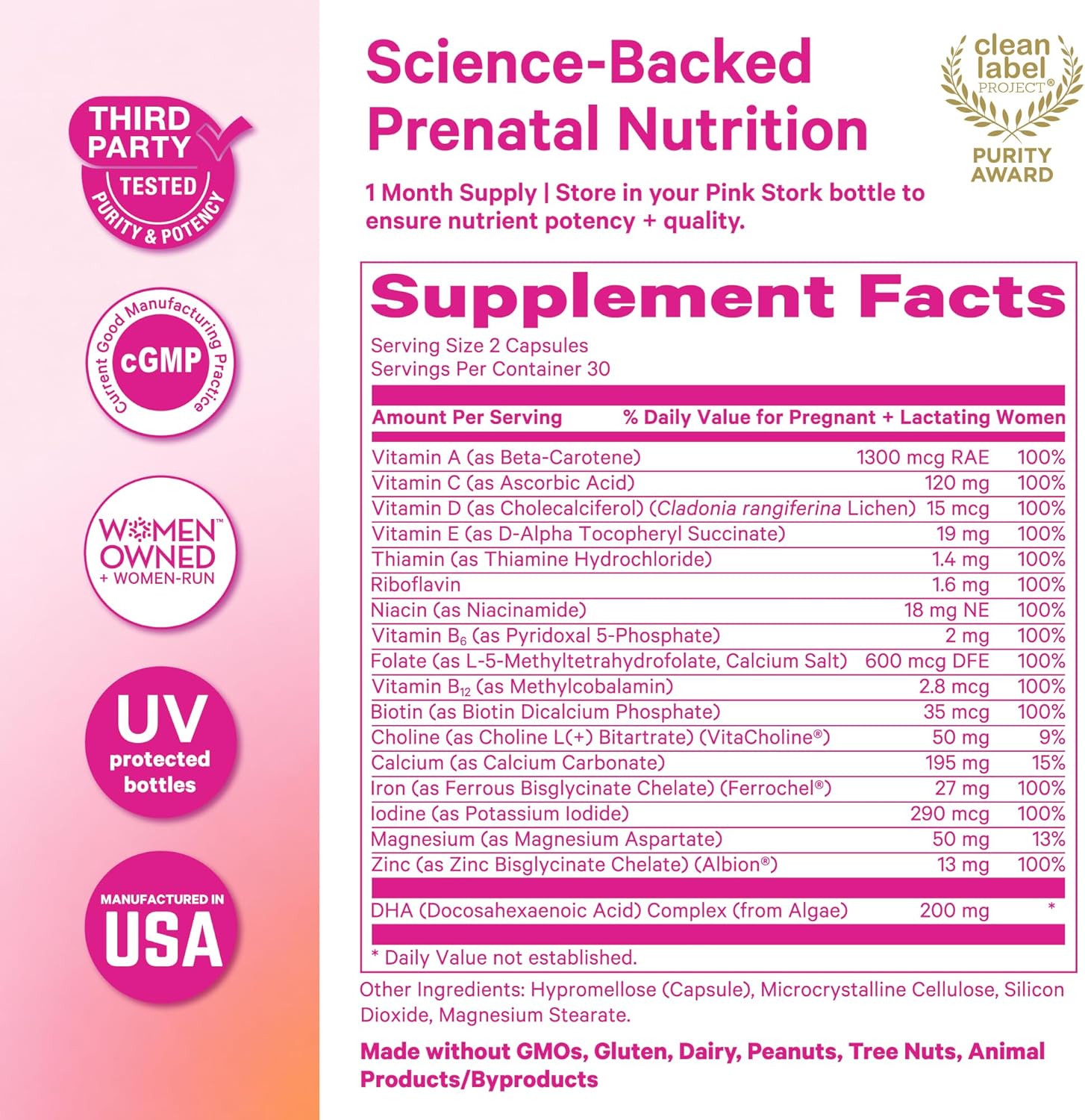Pink Stork Total Prenatal - Vitaminas Prenatales con DHA Vegano, Folato Metilado y Hierro, 60 Cápsulas