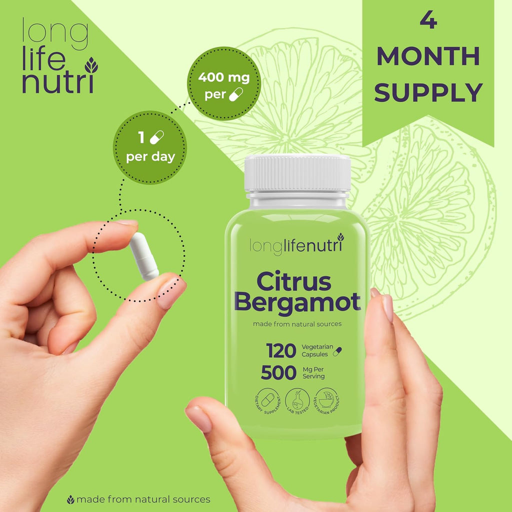 Extracto de Bergamota 500mg - 120 Cápsulas Vegetarianas - 40% Flavanonas Polifenólicas - 4 Meses de Suministro - Antioxidante Natural - LongLifeNutri