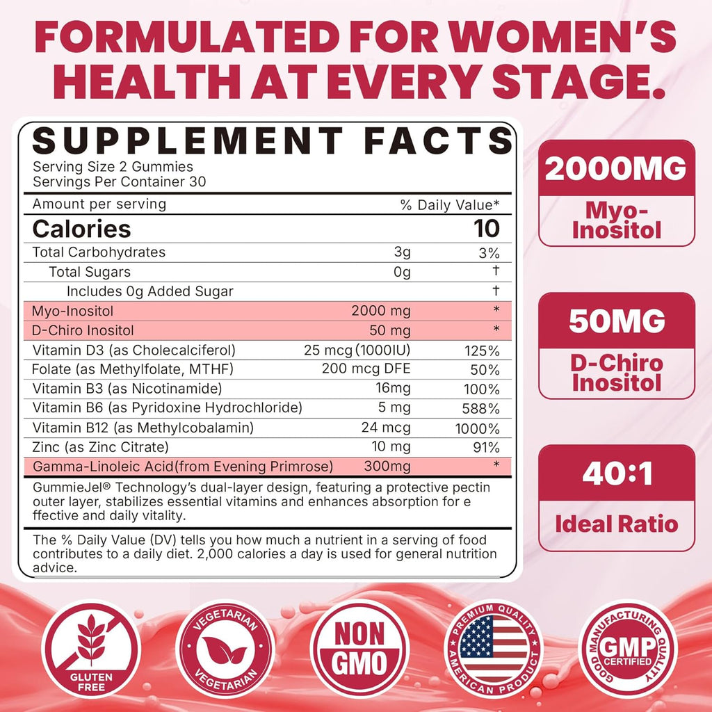 Inositol Gummies con Aceite de Onagra para Mujeres - 40:1 Myo-Inositol 2000mg & D-Chiro Inositol 50mg con Vit D3 B6 B12 y Zinc, Sin Azúcar, Vegano (60 unidades)