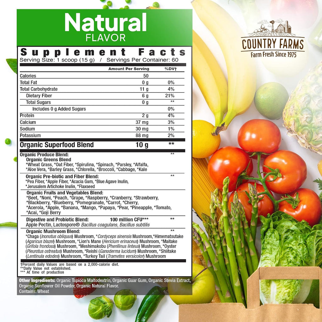 Country Farms Super Greens Sabor Natural, 50 Superalimentos Orgánicos, USDA Organic, Mezcla de Verduras, Frutas, con Fibra, Hongos y Probióticos, Apoya la Energía, 60 Porciones, 900g