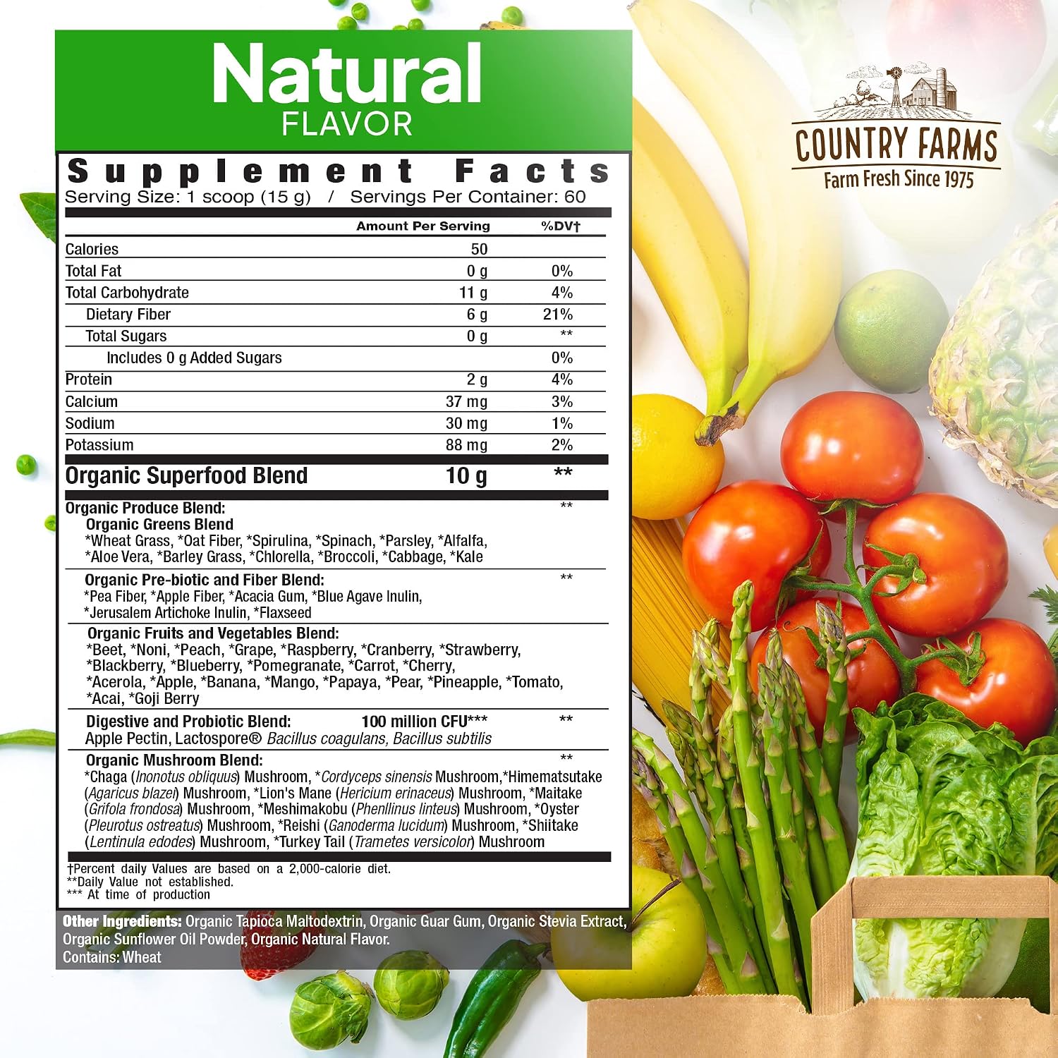 Country Farms Super Greens Sabor Natural, 50 Superalimentos Orgánicos, USDA Organic, Mezcla de Verduras, Frutas, con Fibra, Hongos y Probióticos, Apoya la Energía, 60 Porciones, 900g