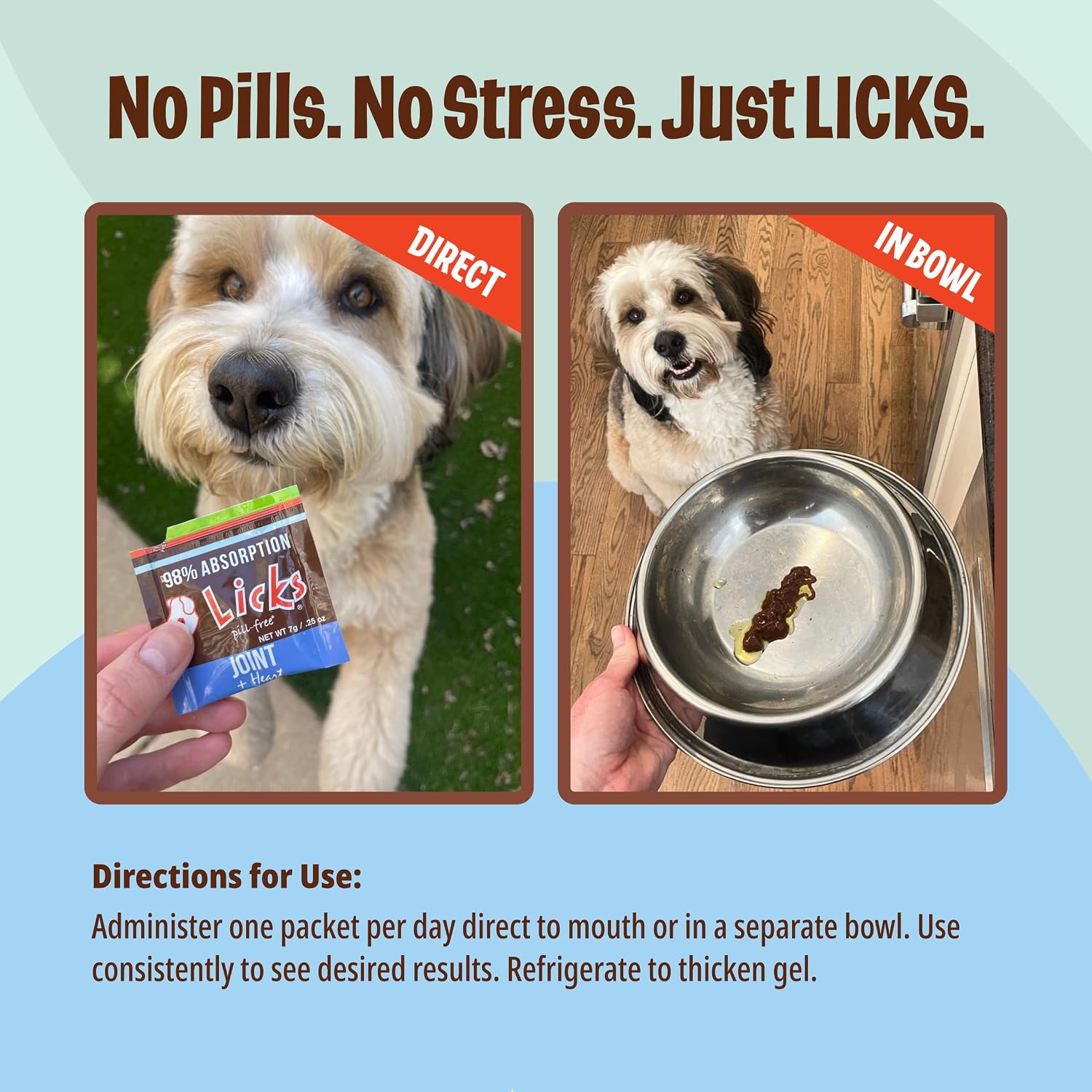Licks Joint & Heart Support - Apoyo para articulaciones y corazón - MSM, Omega-3 y Vitamina E - Sobres de gel sabor pollo - 10 sobres