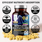 Number One Nutrition Multivitamínico Metilado para Mujeres y Hombres, Complejo B Activo con Metilfolato y Metilcobalamina, Sin Hierro, No Transgénico, Sin Gluten, 120 Cápsulas