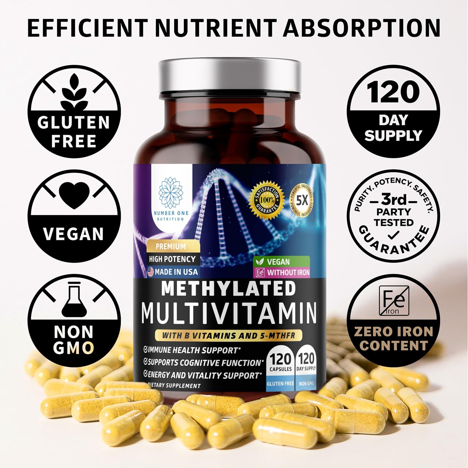 Number One Nutrition Multivitamínico Metilado para Mujeres y Hombres, Complejo B Activo con Metilfolato y Metilcobalamina, Sin Hierro, No Transgénico, Sin Gluten, 120 Cápsulas