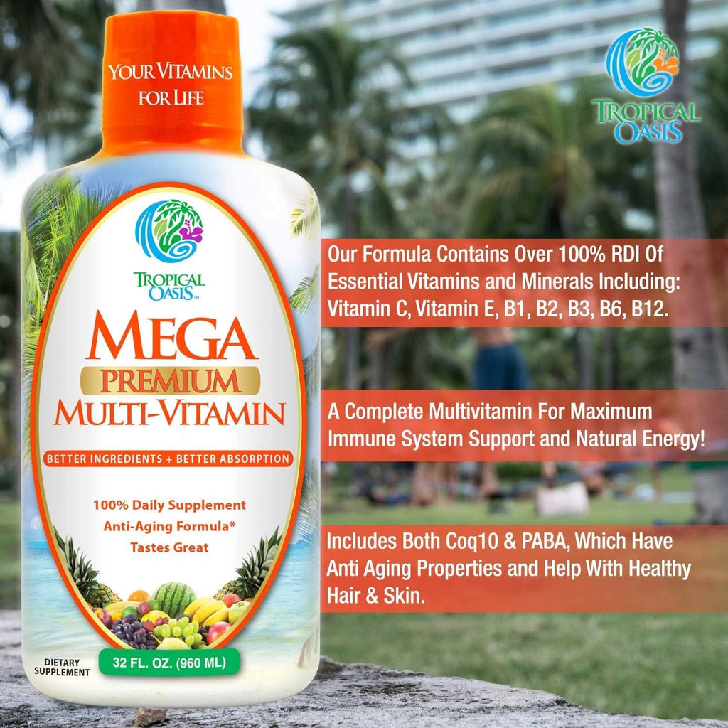 Mega Premium Liquid Multivitamin - 110 Ingredientes, Vitamina C, D3, Zinc, Sabor Naranja, 32 Servicios