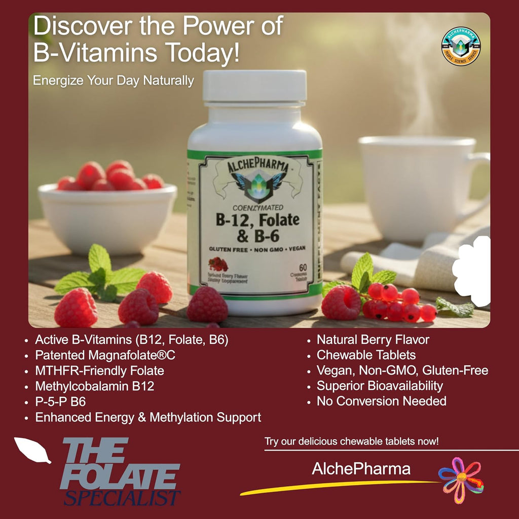 Coenzymated B-12, Folato y B-6, 60 Comprimidos Masticables, Sabor Natural a Bayas, con Metilcobalamina B12, P-5-P B6 y Magnafolate-C L-5-MTHF, Vegano, No-OGM y Sin Gluten