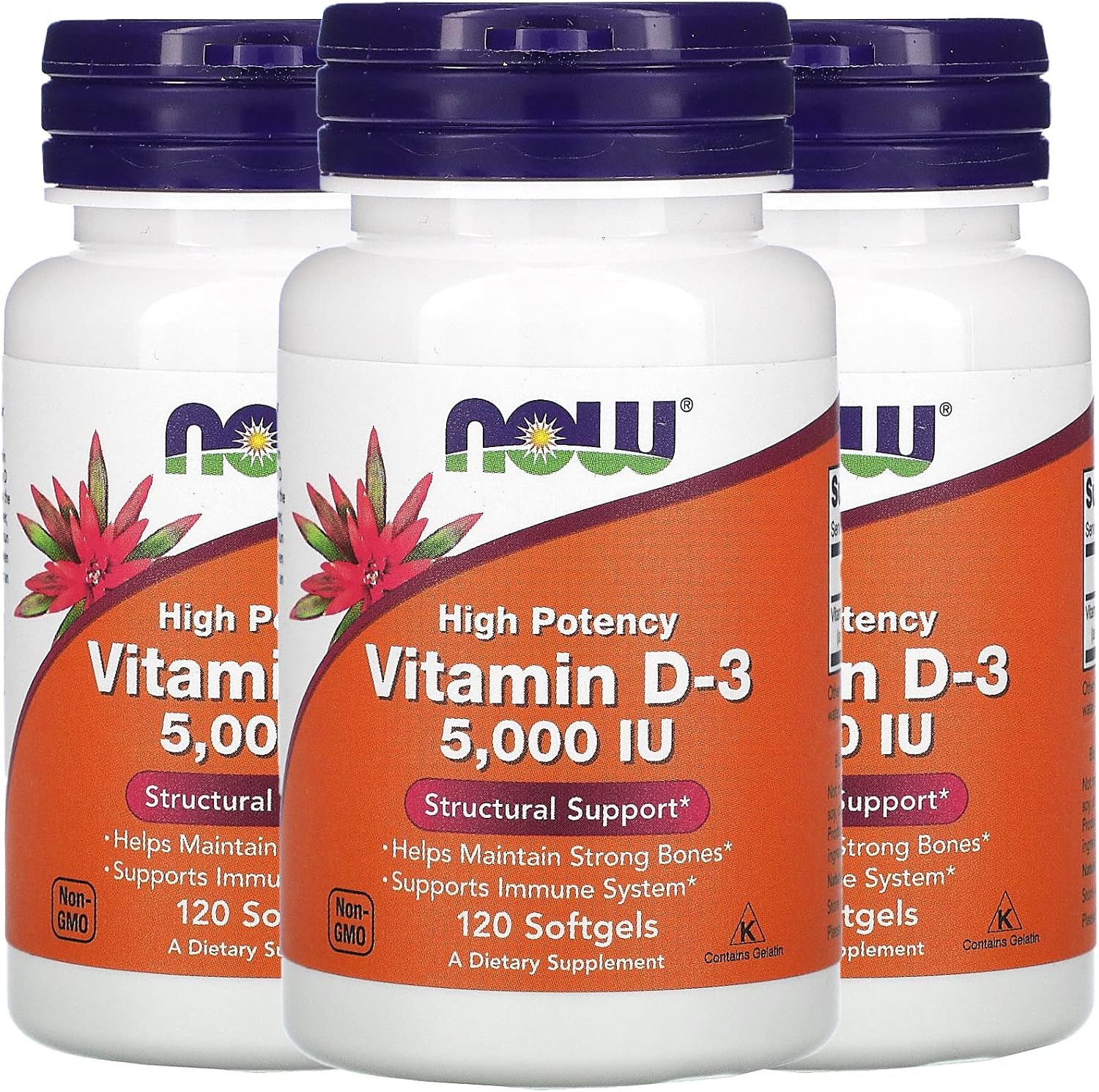 NOW Foods Vitamina D3 5.000 UI, Alta Potencia, 120 Cápsulas Blandas (Paquete de 3)