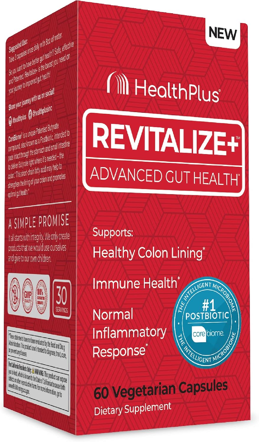 Health Plus Revitalize+ CoreBiome Butyrate Postbiotic – 60 Cápsulas (30 Dosis)