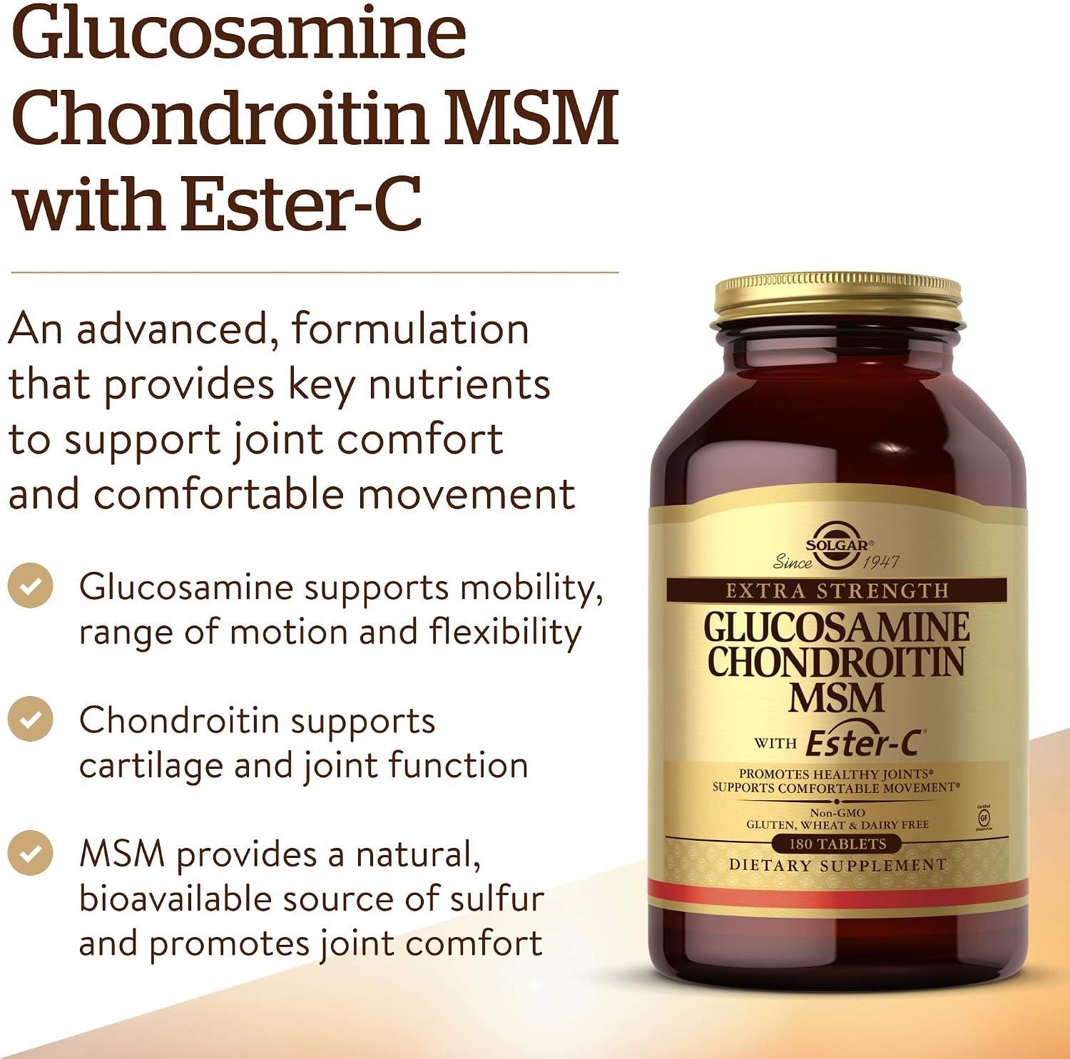 Solgar Extra Strength Glucosamina Condroitina MSM con Ester-C, 180 comprimidos